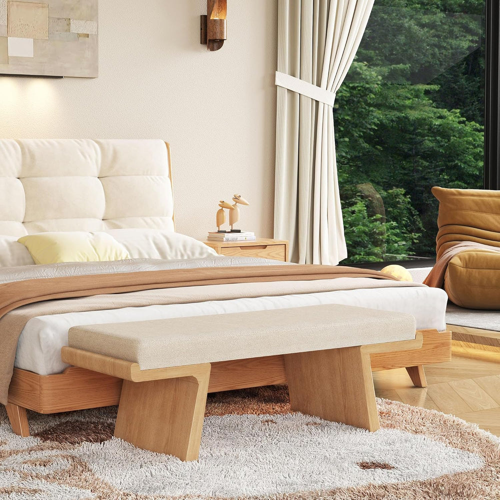 47.2" Natural Wood Bedroom Bench, Upholstered Entryway Bench, Modern End...