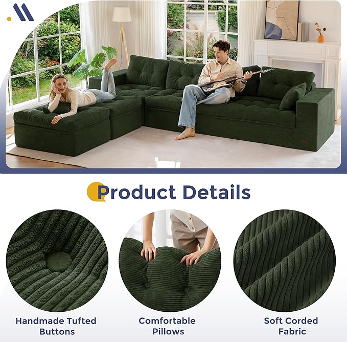 MAXYOYO 132" U Shaped Modular Sectional Sofa with 2 Ottomans, Cloud Boneless Couch with Layered Cushion, Flexible Module Combination Sofa for Living Room, No Assembly Required, Dark Green