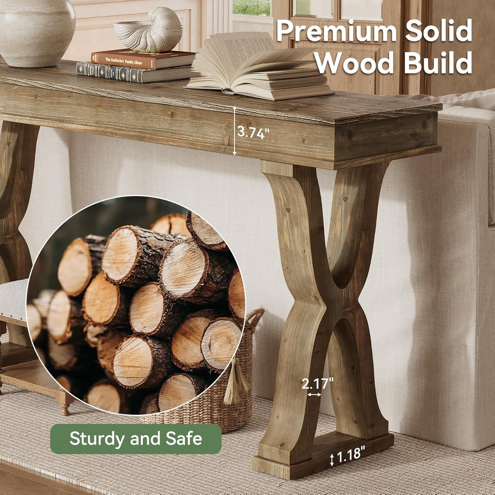 63-Inch Solid Wood Console Table, Farmhouse Narrow Entryway Table with X-Shap...