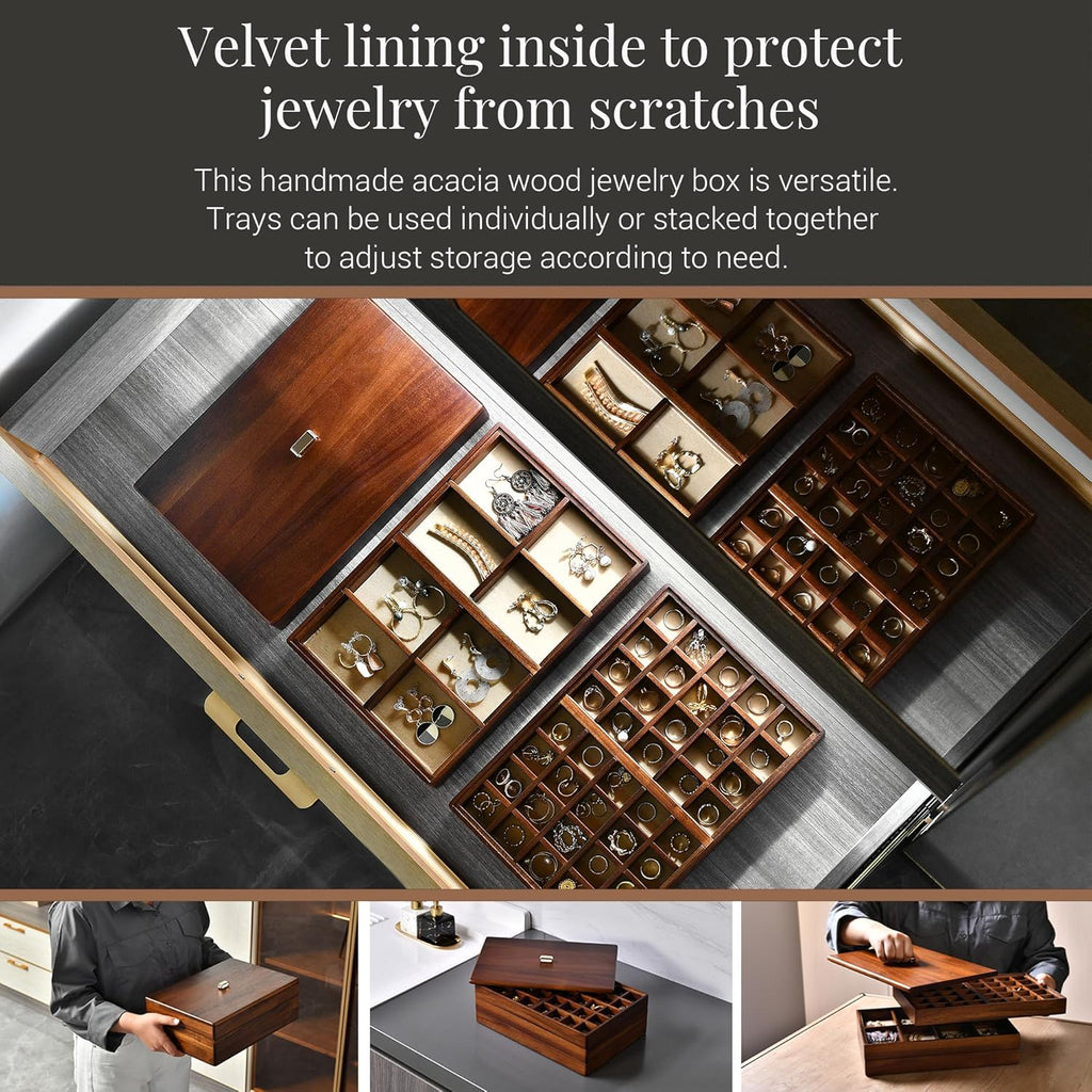 Shanik Custom Engraved Jewelry Box for Women – 3-Tier Stacked Organizer with Rearrangeable Grid Slots for Rings, Necklaces & Earrings
