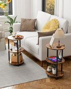 Small Round Side Table - 3-Tier Oval Accent Table for Small Spaces, Rustic Wood and Metal Nightstand for Living Room or Bedroom, with Built-in USB Ports and Power Outlet, Rustic Brown
