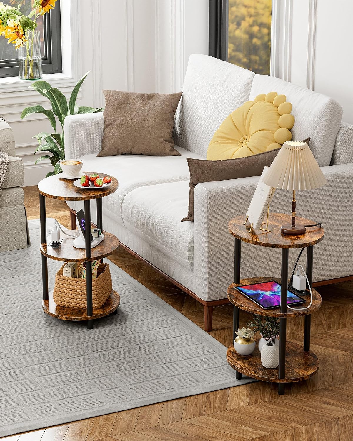 Small Round Side Table - 3-Tier Oval Accent Table for Small Spaces, Rustic Wood and Metal Nightstand for Living Room or Bedroom, with Built-in USB Ports and Power Outlet, Rustic Brown