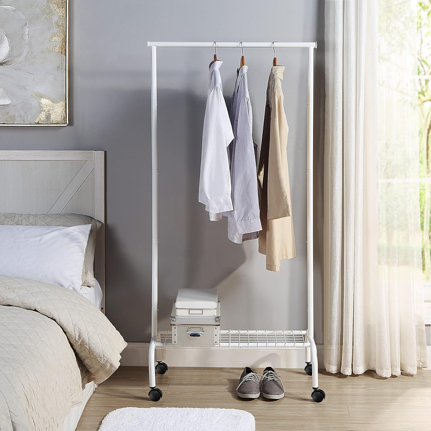 SunnyPoint Rolling Garment Rack with Shelf – Heavy-Duty Metal Clothing Rack on Wheels, 64.9” Tall Clothes Organizer with Bottom Storage, White