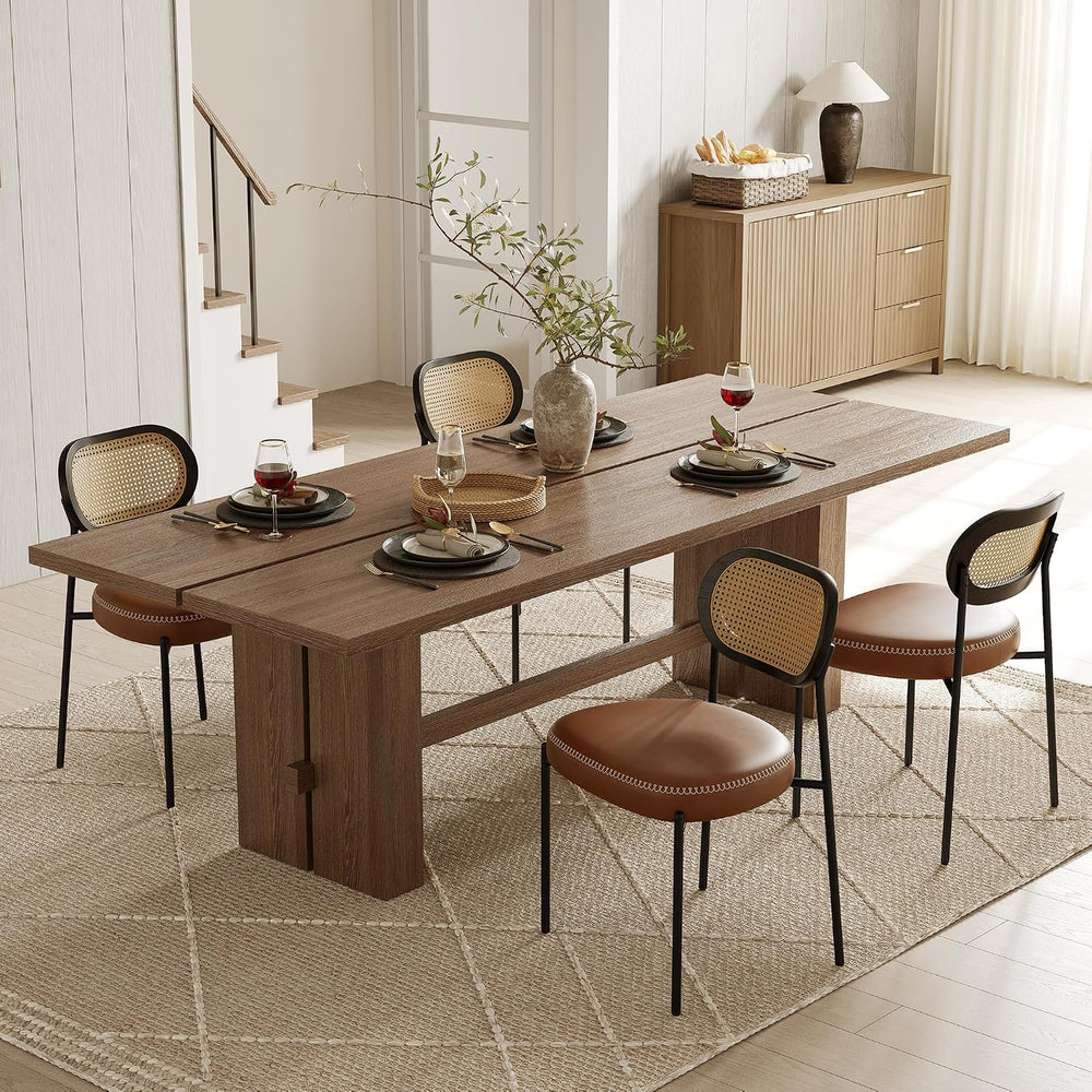 Rattan Dining Chairs Set of 4, Camel Leather Upholstered Dining Chairs with R...