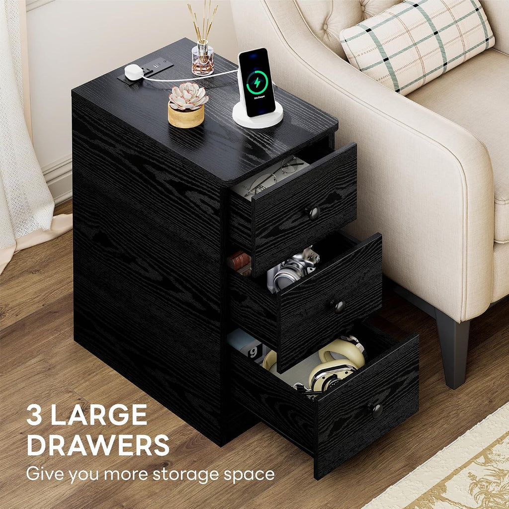 LIKIMIO Nightstand with Charging Station, 3 Drawers Modern for Bedroom