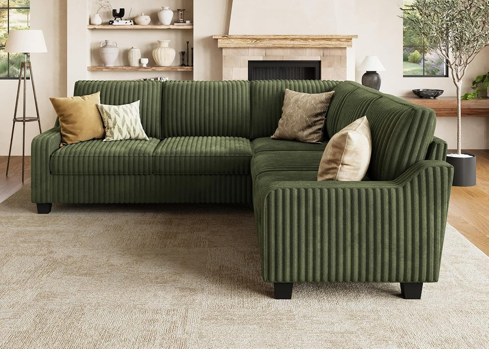 HONBAY Corduroy Convertible Sectional Sofa L Shaped Corner Couch,Green | Comp...