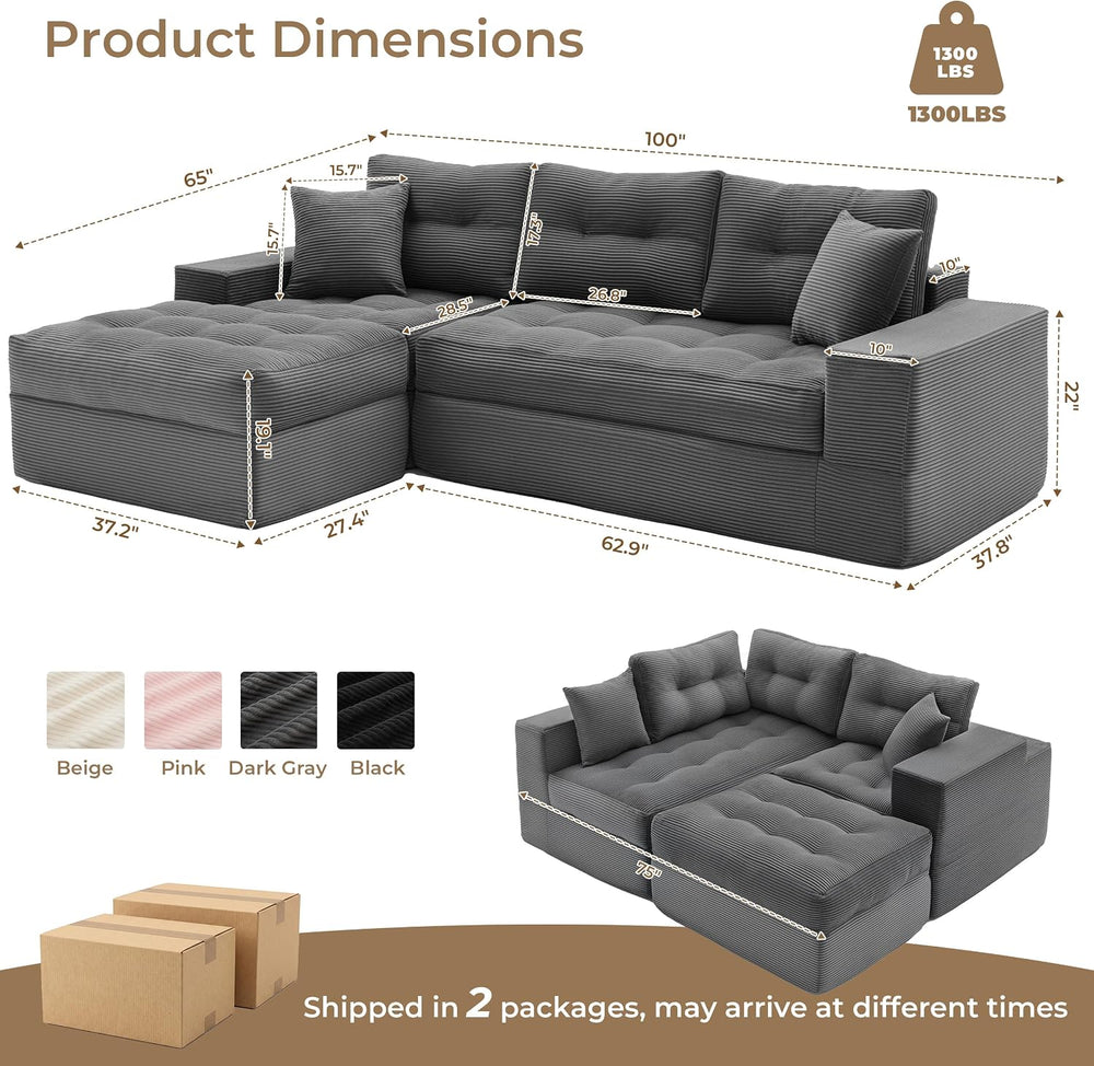 100" L Shaped Cloud Couch with Ottoman, Couches for Living Room | Modula...