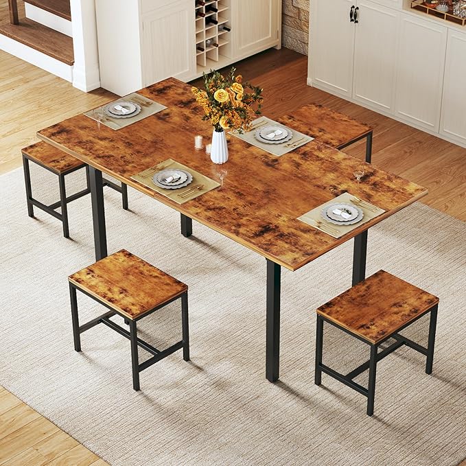 Dining Table Set for 4, Extendable Kitchen Table Chairs Set of 4, Rectangle D...