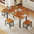 Dining Table Set for 4, Extendable Kitchen Table Chairs Set of 4, Rectangle Dining Table with Metal Frame & MDF Board, Folding for Small Apartment Saving Space, Rustic Brown