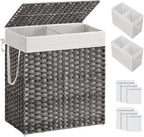 SONGMICS Laundry Hamper with Lid, 110L Clothes Hamper with 2 Removable Liner Bags, 6 Mesh Bags, Wicker Laundry Basket, Double Laundry Hamper for Bathroom, 13 x 22.4 x 23.6 Inches, Gray ULCB52WG