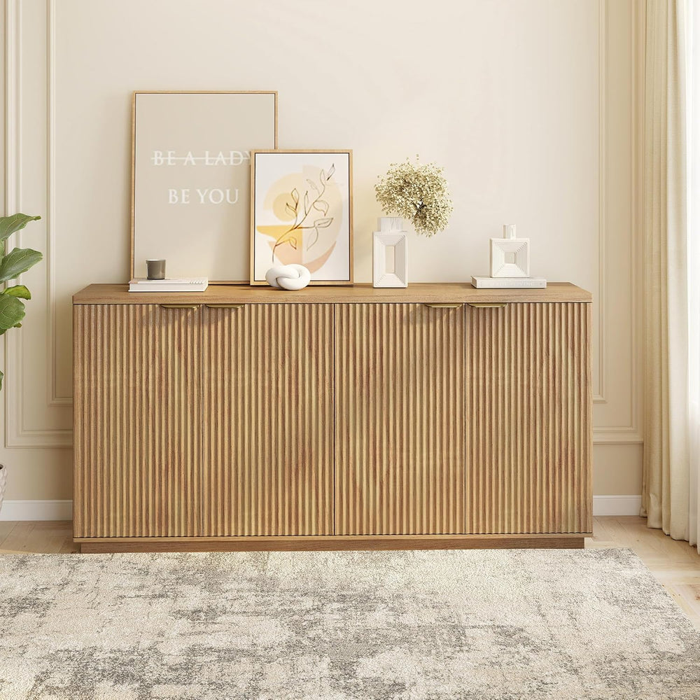 Fluted Sideboard Buffet Cabinet, 63" Wooden Credenza Storage Cabinet wit...