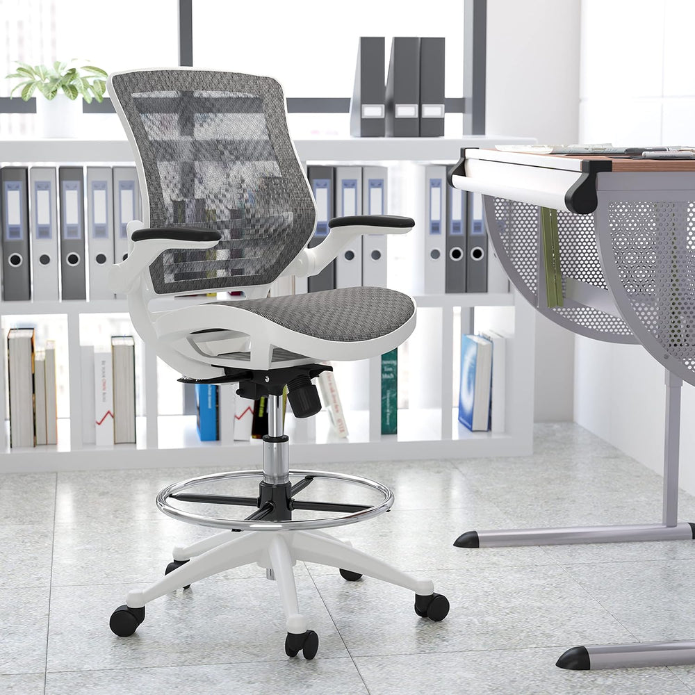 EMMA + OLIVER Gray Mid-Back Drafting Chair with Flip-Up Arms