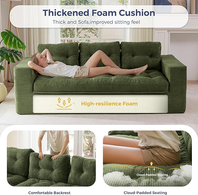MAXYOYO 79" Loveseat Sofa Couch for Small Spaces, Upholstered Boneless Cloud Couch for Apartment Bedroom, 2-Seater Love Seat Floor Modern Sofa with Pillows, No Assembly Required, Dark Green