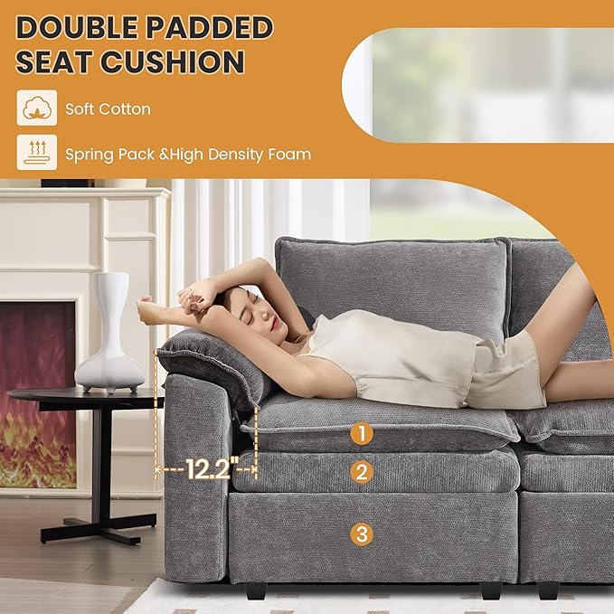 130" U Shaped Modular Sectional Sofa, Couch with Ottoman Storage, Chenille Cloud Couch with Plush Deep Seating for Living Room, Bedroom (Light Grey, 7 Seat)