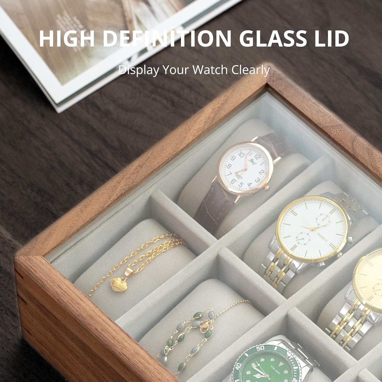 muso wood Watch Display Box, 10 Slot Watch Case for Men, Watch Organizer Box with Glass Lid, Watch Case with Removable Velvet Pillow, Father's Day Gift - 10 Slot, Walnut