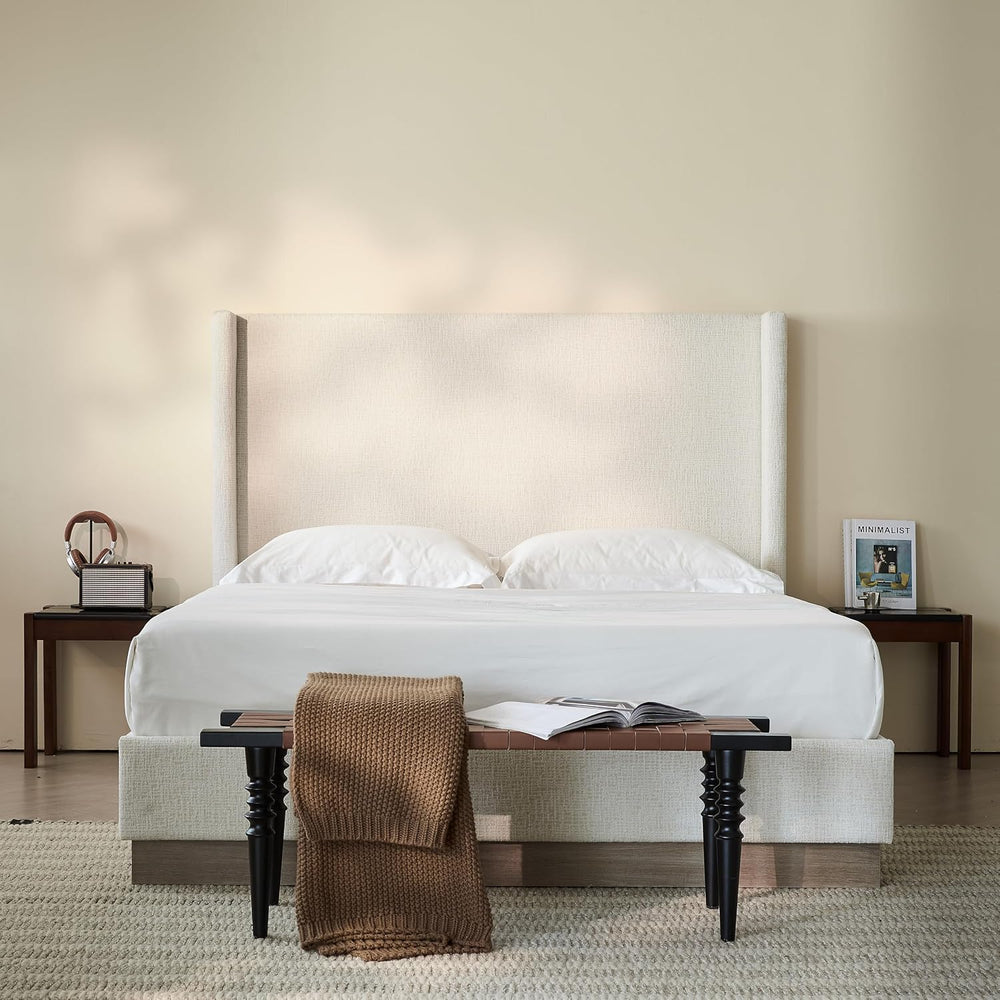 Queen Size Boucle Wingback Upholstered Platform Bed, 53.1 Inch Tall Headboard...