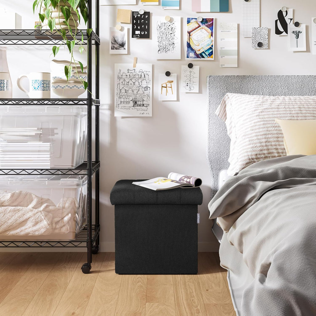 Seville Classics Cushioned Fabric Ottoman Hidden Storage Chest Footrest Chair, Padded Seat for Bedroom, Dorm, Loft, Living Room, Entryway, Hallway, Black Boucle, 15.7" Cube