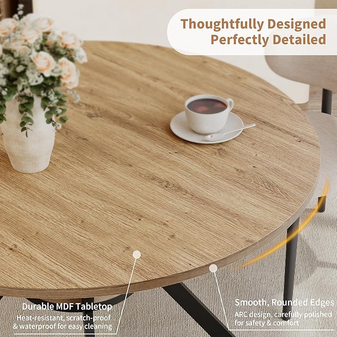 42 Inch Round Dining Table for 2–4, Farmhouse Round Kitchen Table with Storage Shelf, Pedestal Dining Table, Wood Top & Metal Base, Small Space Table for Apartment, Dining Room