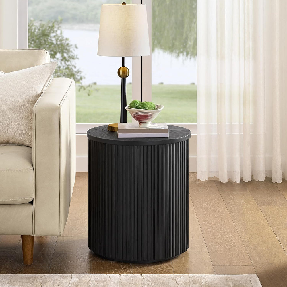 Alaterre Furniture Amos Round End Table - 20 Inch Solid Wood Fluted Nightstan...