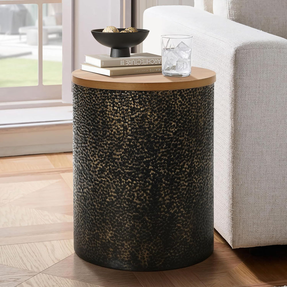 LuxenHome Round Side Table, 20" Black and Gold Metal Base with Wood Top,...