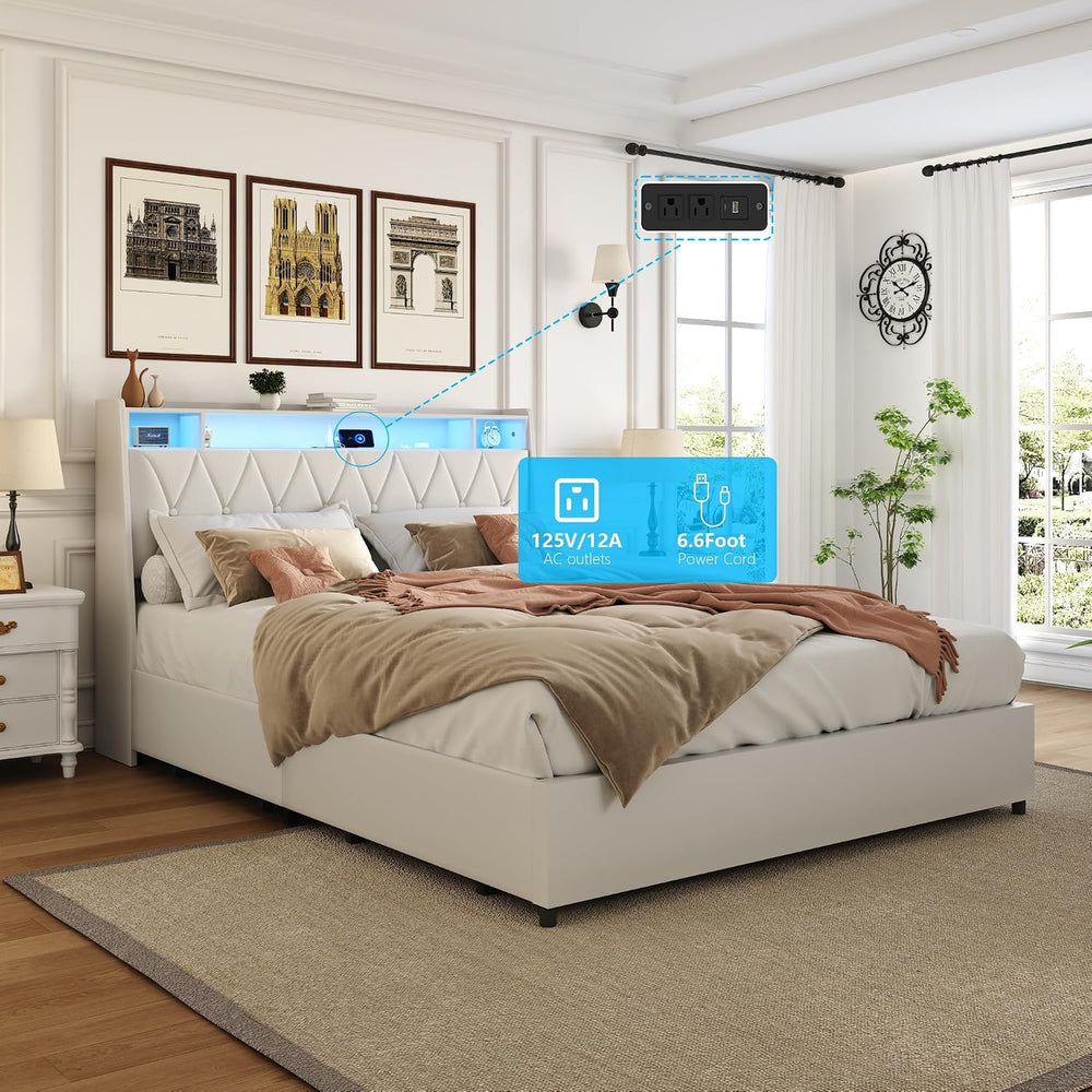 Peanu Queen Bed Frame, Ergonomic Headboard, LED Lighting, White