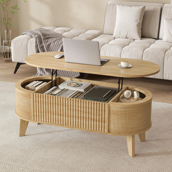 LYNCOHOME 43.3" Fluted Lift Top Coffee Table for Living Room, Oval, Oak