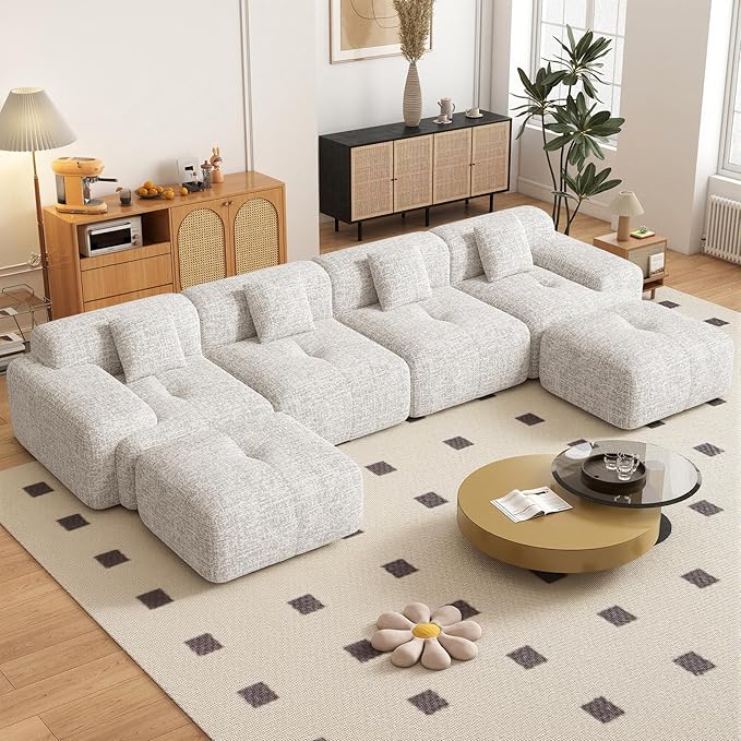 158" U Shaped Convertible Modular Couch, Cloud Couch Sectional with Ottoman, 6-Seater Chenille Boneless Couches for Living Room, Apartment, No Assembly, Beige 1PCS