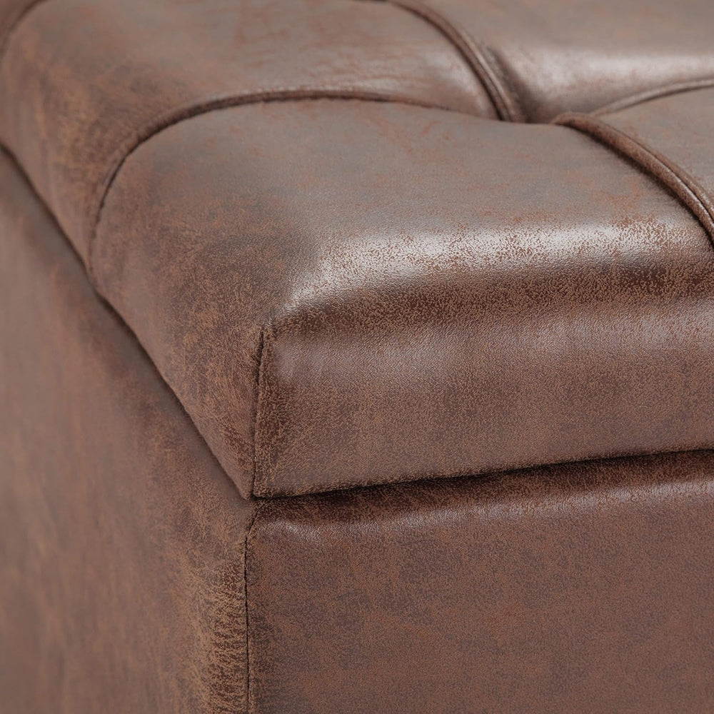 SIMPLIHOME Harrison 36" Wide Vegan Leather Lift Top Ottoman in Saddle Br...