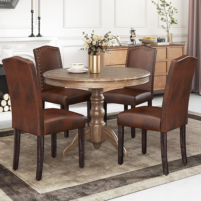 LSSBOUGHT PU Dining Chair Upholstered Parsons Kitchen Chair with Copper Nails and Solid Wood Legs for Dining Room,Restaurant (Dark Brown, 2PCS)