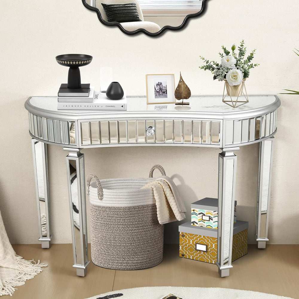 Half-Moon Mirrored Sofa Table with Storage, Semi Circle Entryway Console Tabl...