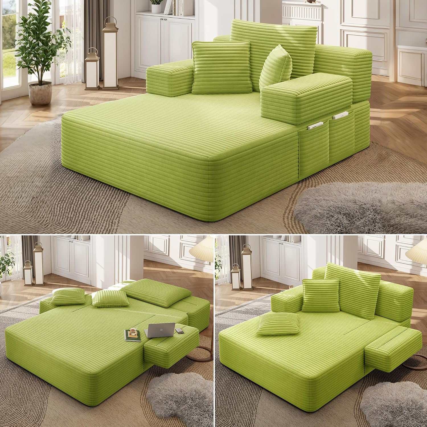 Avenix 70" Boneless Oversized Chaise Lounge Chair Indoor, Corduroy Comfy Oversized Reading Sleeper Chair Boneless Sofa Couch Bed with 3 Pillows, No Assembly Required, Light Green