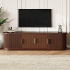 Merax Fluted Wooden TV Stand for TVs up to 75", Farmhouse Entertainment Center with Sliding Door, Curved Media Console with Adjustable Shelves, Modern Television Cabinet for Living Room, Walnut
