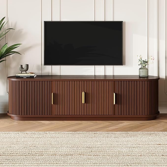 Merax Fluted Wooden TV Stand for TVs up to 75", Farmhouse Entertainment Center with Sliding Door, Curved Media Console with Adjustable Shelves, Modern Television Cabinet for Living Room, Walnut