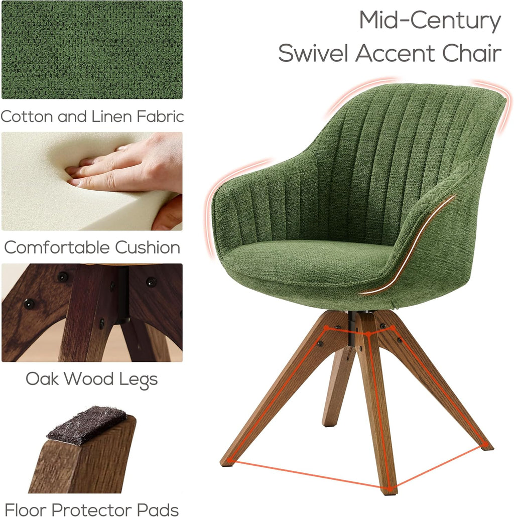 Art Leon Swivel Dining Chair, Fabric Upholstered Chair, Green | No Wheels, Oka Wood Legs, Mid-Century Modern, Upholstered, 360° Rotation, Dining Room, Kitchen
