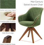 Art Leon Swivel Dining Chair, Fabric Upholstered Chair, Green | No Wheels, Oka Wood Legs, Mid-Century Modern, Upholstered, 360° Rotation, Dining Room, Kitchen