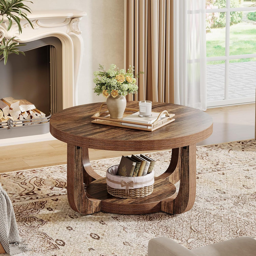 Tribesigns Round Coffee Table, 2-Tier Circle Coffee Table with Storage, Moder...