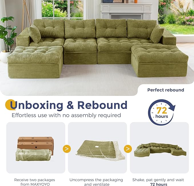 MAXYOYO 132" U Shaped Modular Sectional Sofa with 2 Ottomans, Cloud Boneless Couch with Layered Cushion, Flexible Module Combination Sofa for Living Room, No Assembly Required, Green
