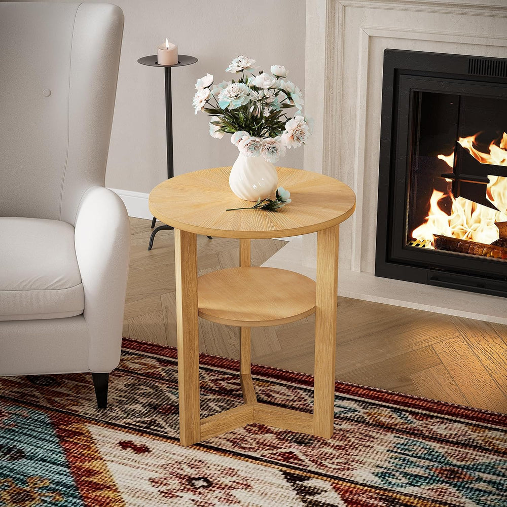 Round End Table, Rustic Side Tables with Storage Shelf, Classic Circular Soli...