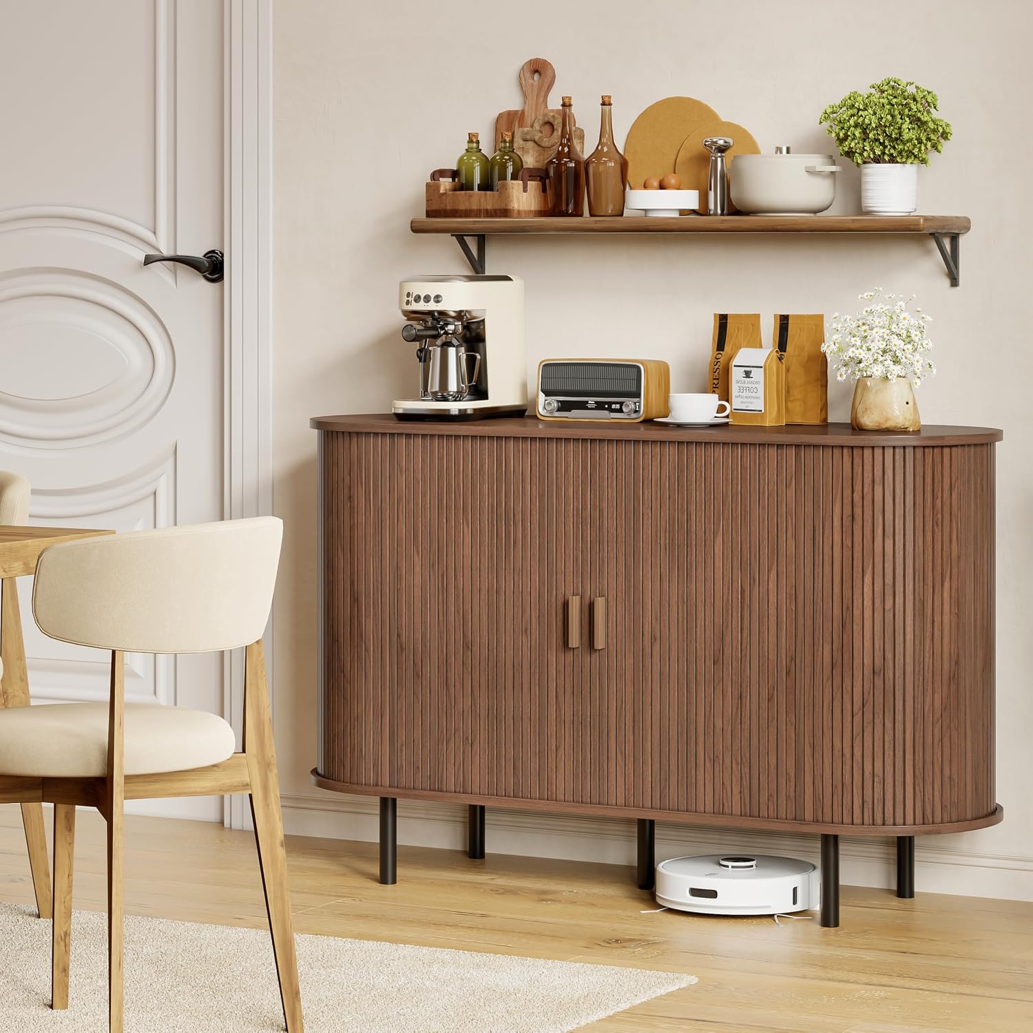 Buffet Sideboard Cabinet with Storage, 48" Fluted Cabinet with Sliding Door & Adjustable Shelf, Modern Accent Coffee Bar Console Table for Kitchen, Entryway, Walnut