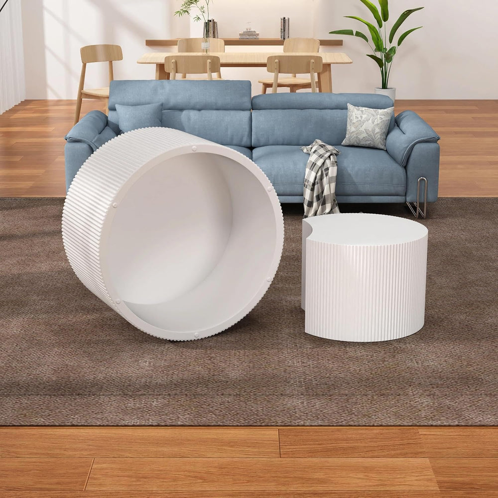 27.5" Round Nesting Coffee Table Set of 2 (White) | Wooden Fluted Drum S...