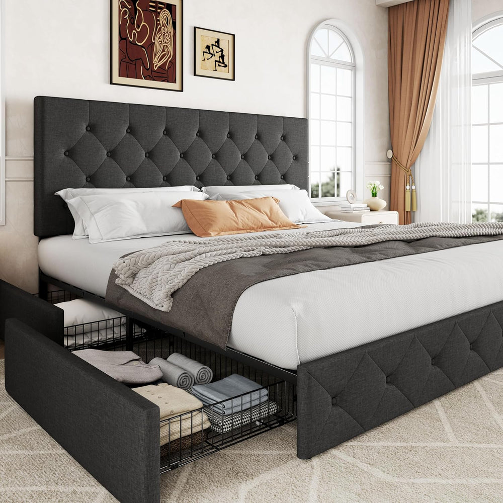 Allewie King Size Storage Bed Frame with 4 Underbed Drawers, Dark Grey