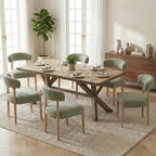 VKNOW Wooden Dining Chairs Set of 4, Modern Upholstered Dining Room Chairs with Rubberwood Legs and Curved Backrest, Fabric Kitchen Chairs for Farmhouse/Living Room/Dining Room, Green
