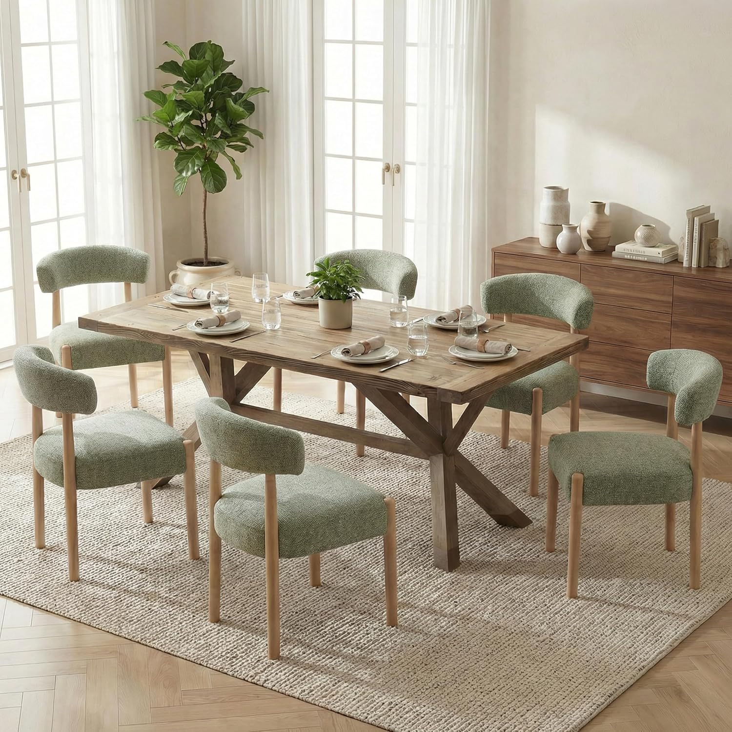 VKNOW Wooden Dining Chairs Set of 4, Modern Upholstered Dining Room Chairs with Rubberwood Legs and Curved Backrest, Fabric Kitchen Chairs for Farmhouse/Living Room/Dining Room, Green