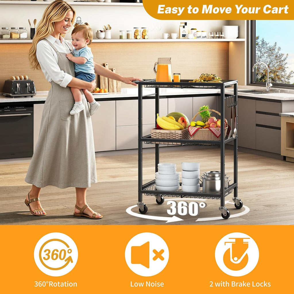3-Tier Rolling Cart, Space-Saving Kitchen Cart with 150Lbs Capacity, Black Storage Cart with 2 Lockable Wheels for Kitchen Island, Restaurant, Garage, Backyard（No Wooden Boards, Lightweight Version）