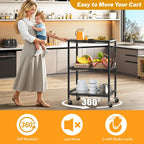 3-Tier Rolling Cart, Space-Saving Kitchen Cart with 150Lbs Capacity, Black Storage Cart with 2 Lockable Wheels for Kitchen Island, Restaurant, Garage, Backyard（No Wooden Boards, Lightweight Version）
