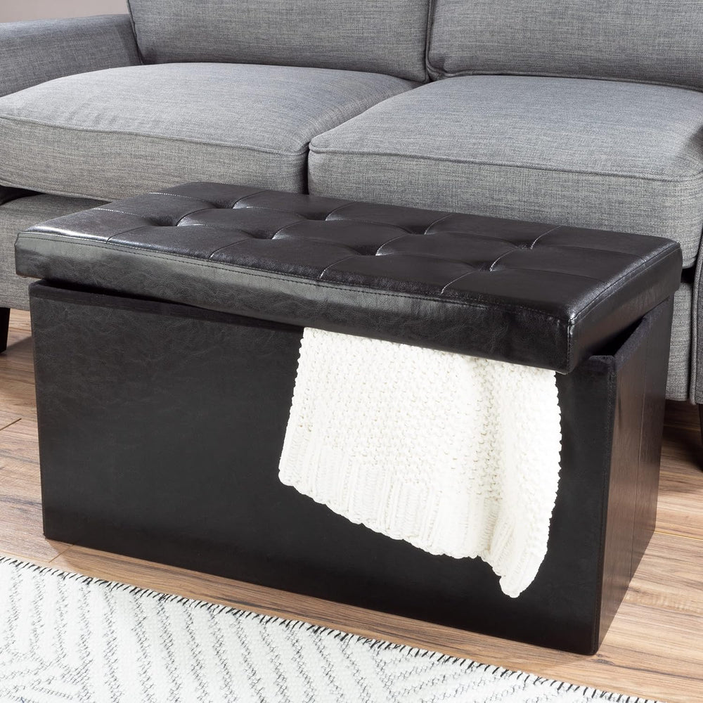 Lavish Home Storage Ottoman - 30-Inch Folding Faux Leather Footrest, Linen Ch...