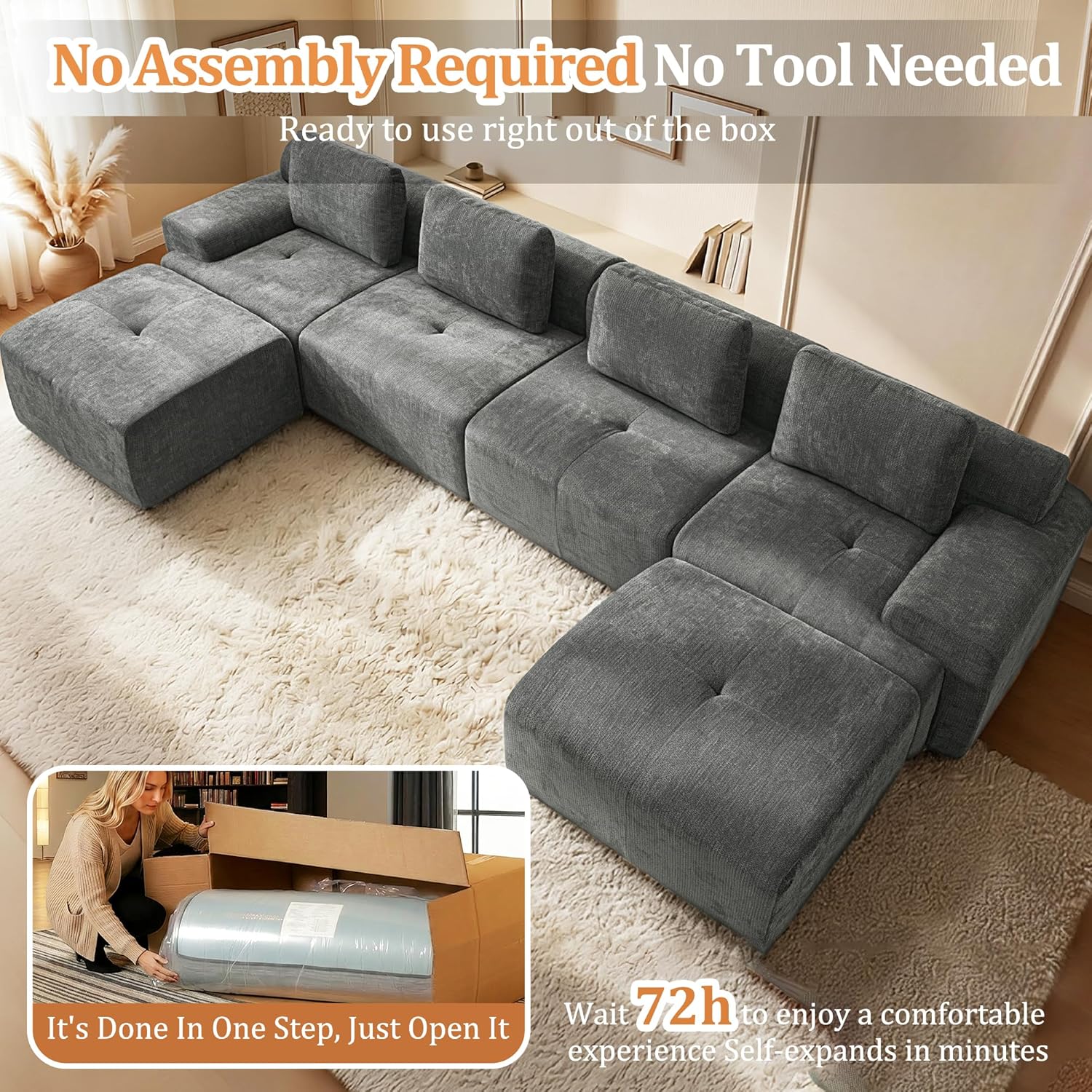 159" U Shaped Oversized Boneless Couch, Comfort Cloud Sectional Couches for Living Room, Modular Sofa High Back & Extra Deep Seat, No Assembly, Soft Chenille (Dark Grey, 159 inch-U shaped（4+2）)