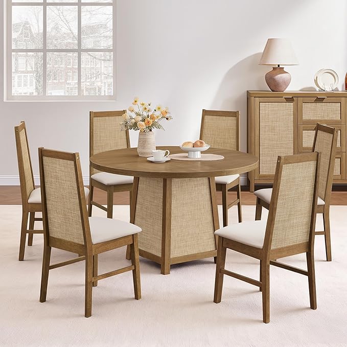 SICOTAS Rattan Dining Chairs Set of 6 - Solid Wood Dining Room Chairs with Rattan Decor High Back, Farmhouse Upholstered Kitchen Chairs, Modern Armless Dining Chair for Dining Room, Kitchen, Oak, 6PCS