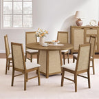 SICOTAS Rattan Dining Chairs Set of 6 - Solid Wood Dining Room Chairs with Rattan Decor High Back, Farmhouse Upholstered Kitchen Chairs, Modern Armless Dining Chair for Dining Room, Kitchen, Oak, 6PCS