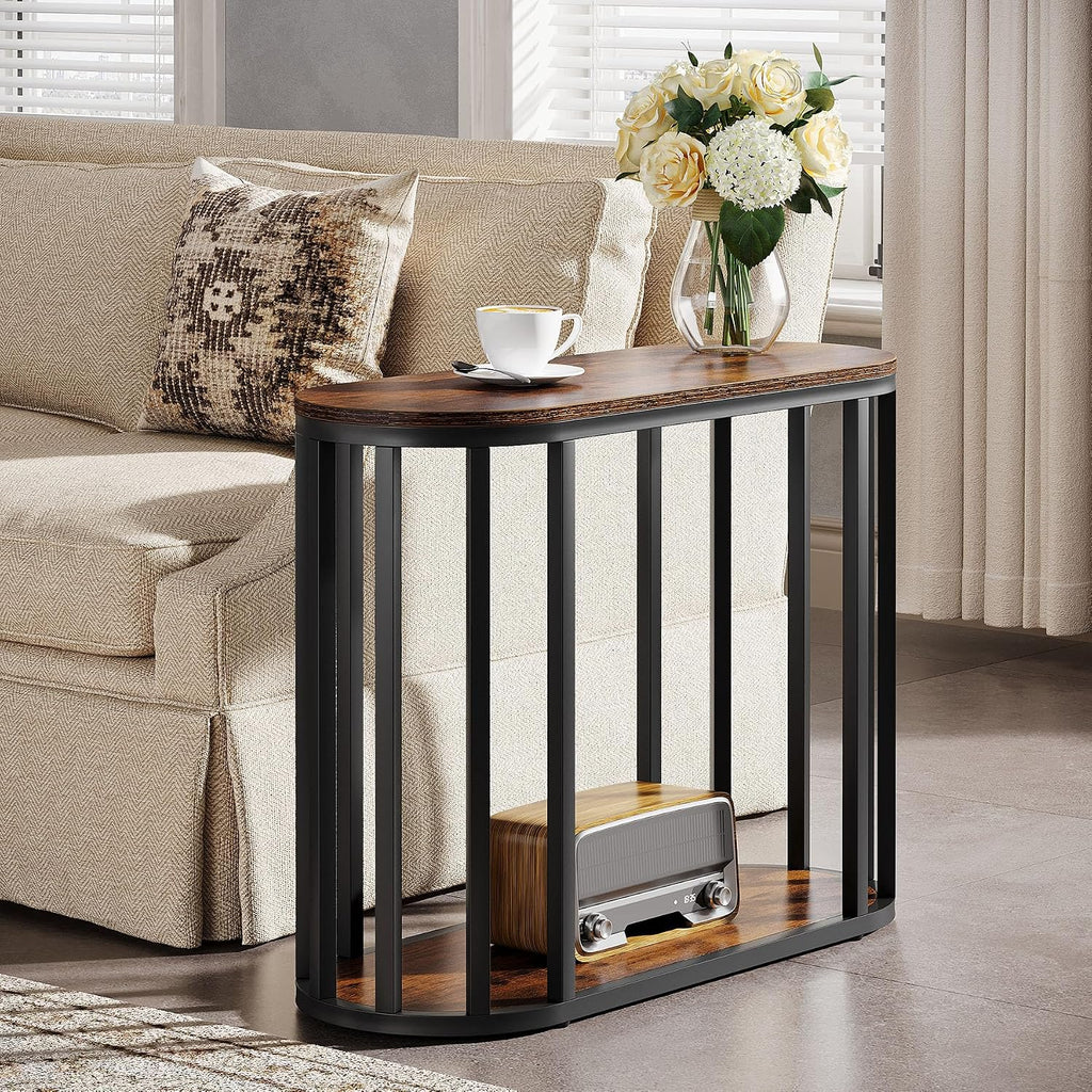 Tribesigns Narrow End Table with Storage, 2-Tier Industrial Side Table with Black Metal Frames, Small Nightstand Bedside Table for Living Room, Bedroom, Rustic Brown, 31.5"D x 11.81"W x 23.62"H (1)